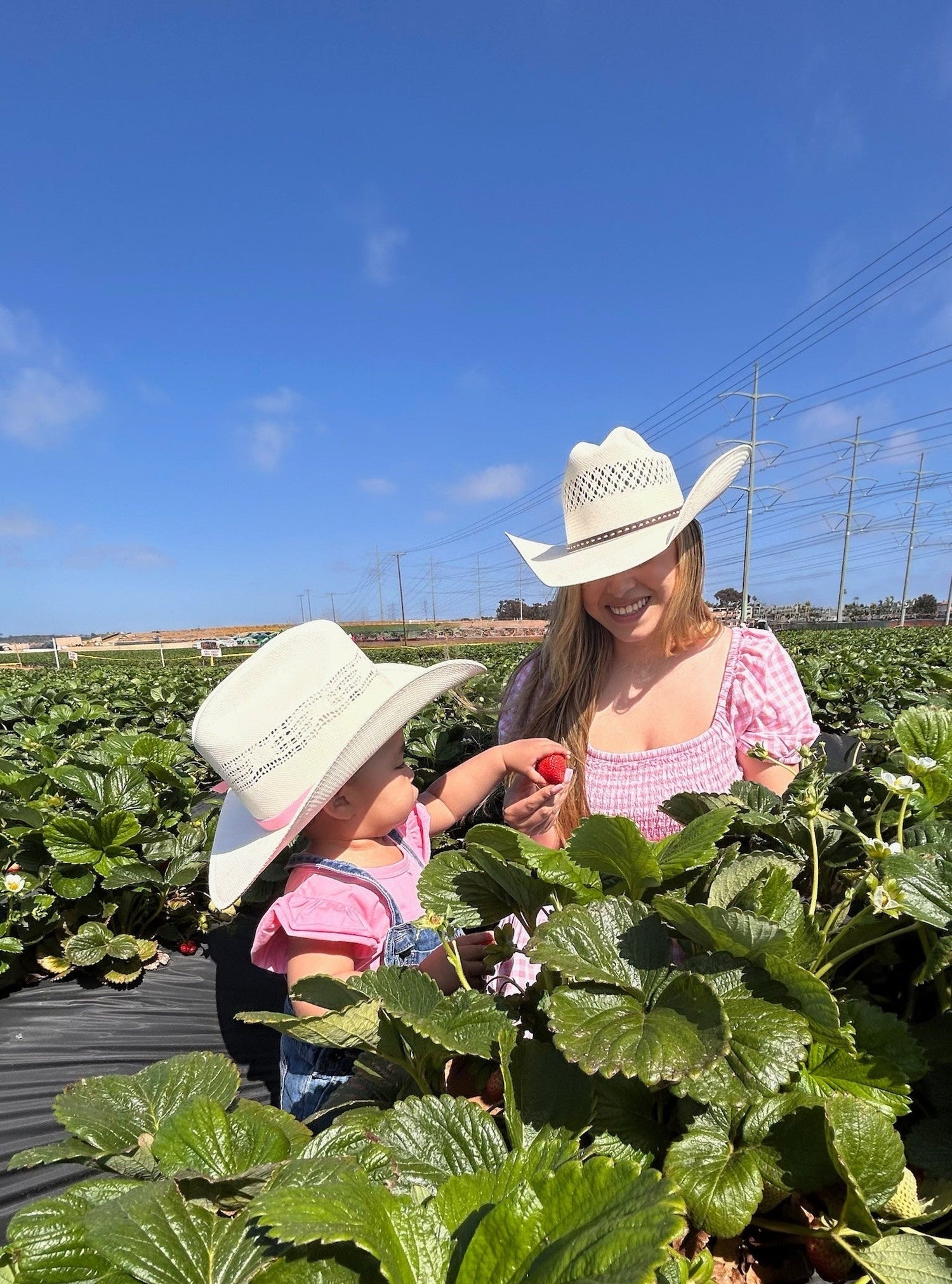 Child wearing a straw hat while picking strawberries in a field with their mom