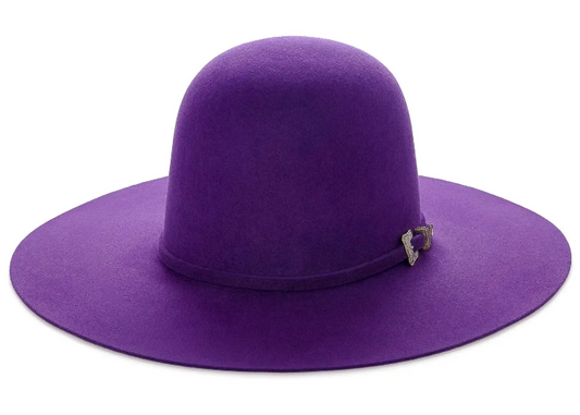 Purple hat called bluebonnet with a decorative silver with gold outline hat belt on a white background