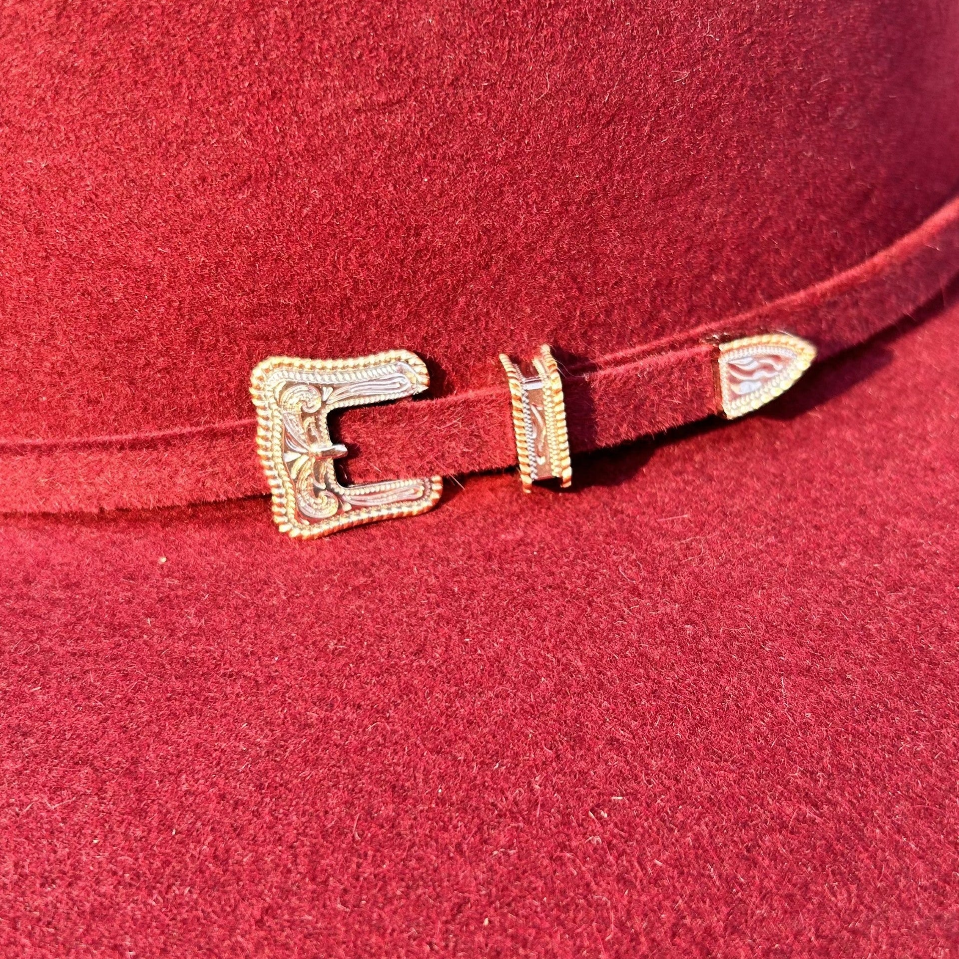 Close-up of a red hat with a silver with gold outline buckle detail in the sun