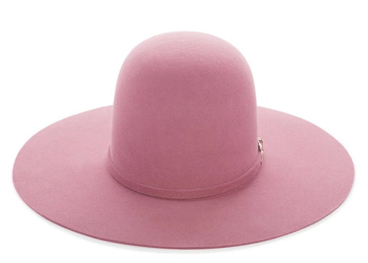 Dusty Rose Pink western open crown flat wide-brimmed hat on a white background. On Wednesday. 