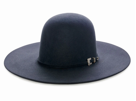 A flat-brimmed felt hat in a steel (gray) color with an open crown, displayed against a white background.